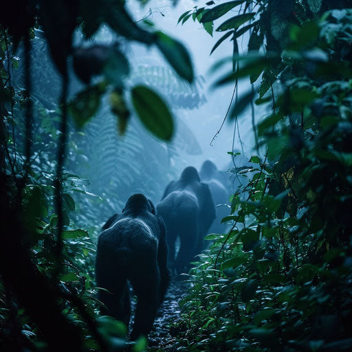 A western lowland gorilla leading its troop through a misty jungle path, with the first light of dawn breaking through the canopy