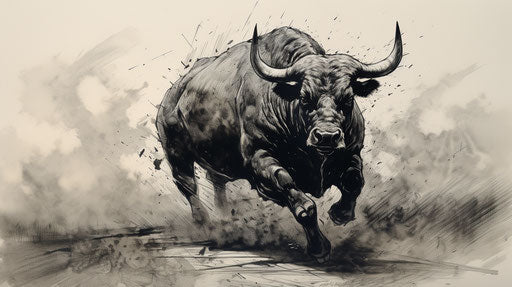 Bull in field, realistic drawing, stormy weather