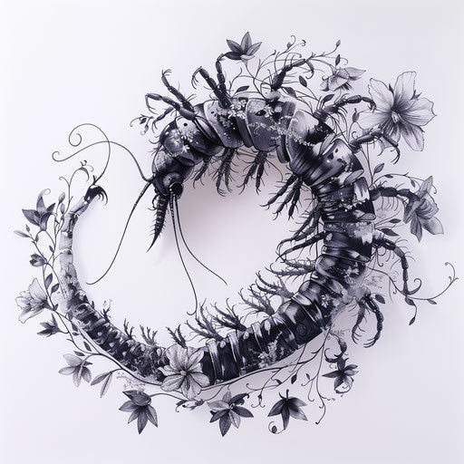 Surreal centipede tattoo blending with floral designs