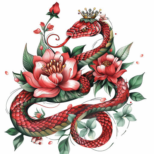 Charming sketch of a red snake with a crown of flowers