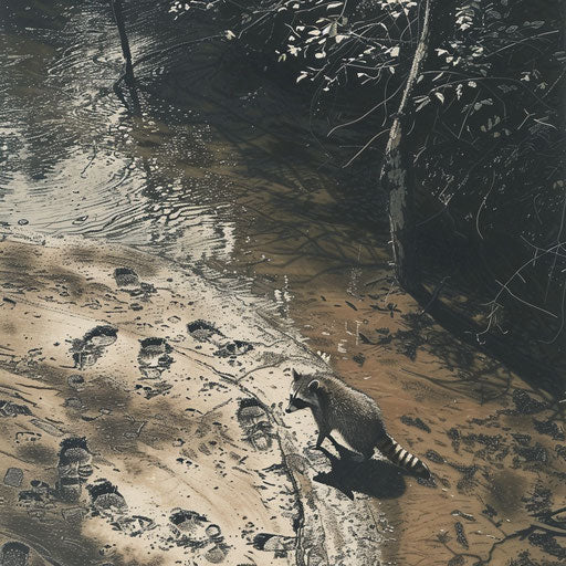 Raccoon on sandy riverbank with paw prints in mud