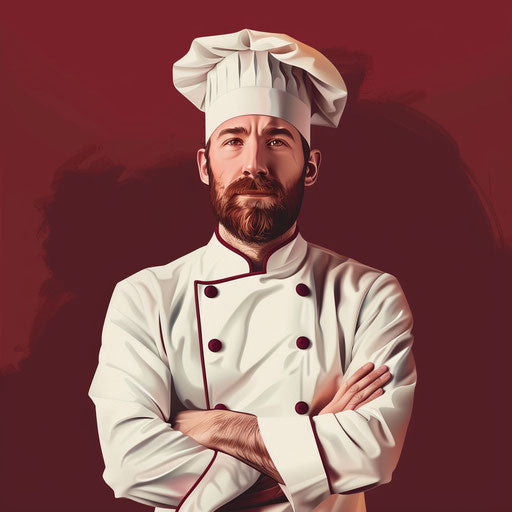 Realistic chef clipart on a rich burgundy background