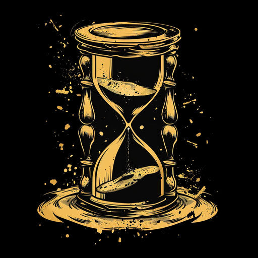 Hourglass tattoo sketch, golden sand on black background