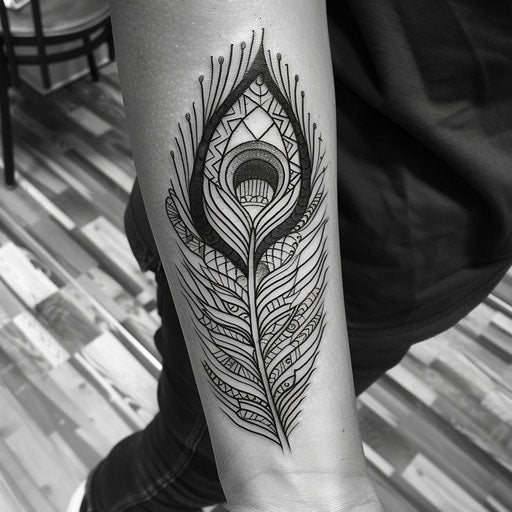 Tribal peacock feather tattoo sketch with bold black lines and native patterns