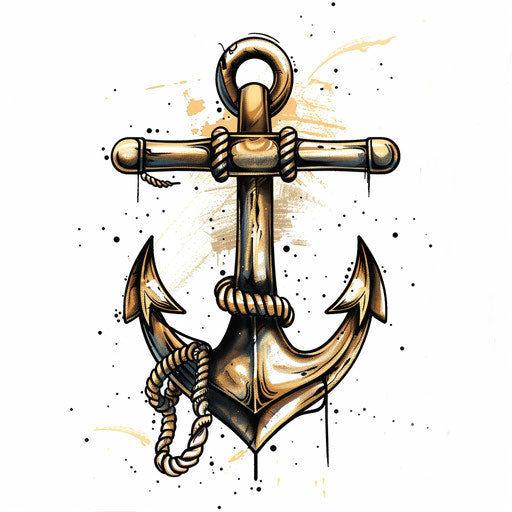 Golden anchor tattoo sketch with rope, flat style