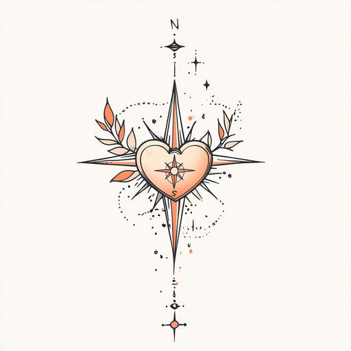 Beautiful flat tattoo sketch of small size with compass and heart in soft colors on pure white background