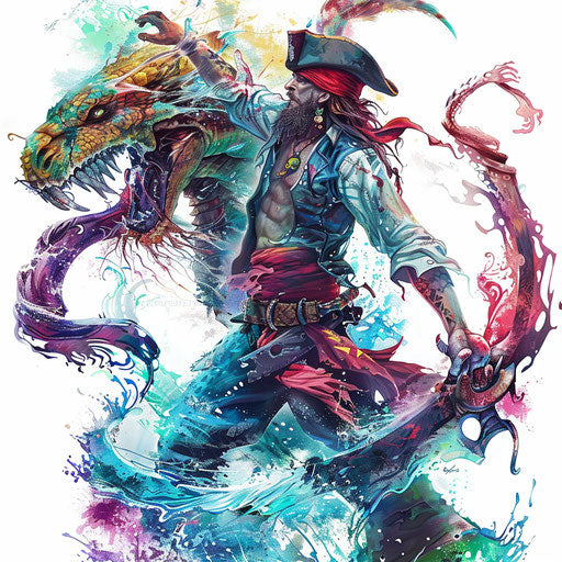 Dynamic tattoo of a pirate fighting a sea monster