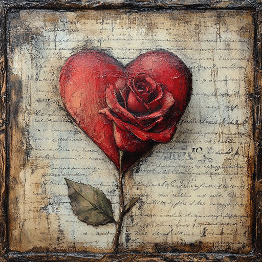Red heart and rose on vintage love letters