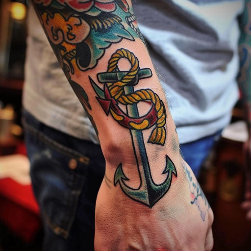 Men's wrist tattoos with old-school anchor Ed Hardy style