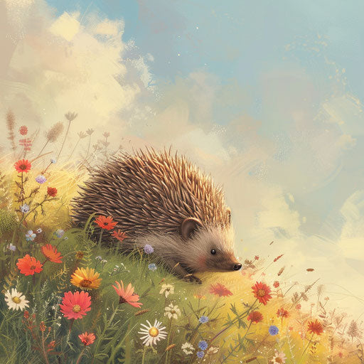 Hedgehog playing in wildflowers