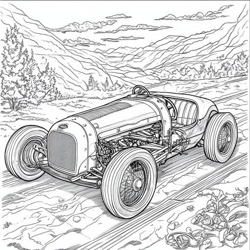 Race car with detailed mechanics, in the style of Mike Zeck, Coloring book page