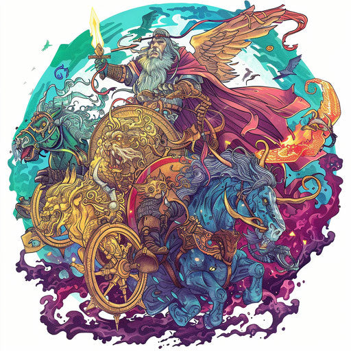 Baldur and his chariot in vibrant art style