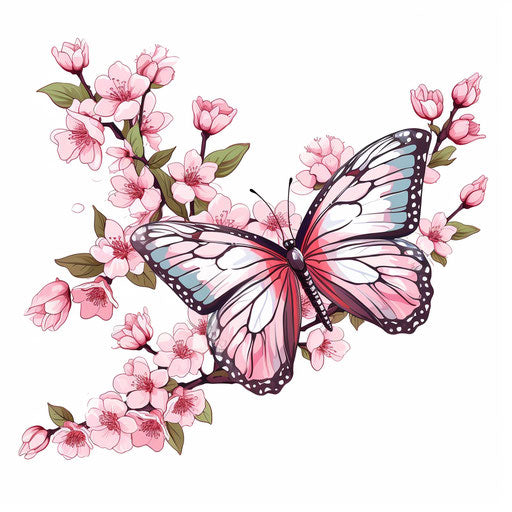 Pink cherry blossoms and butterfly on a branch