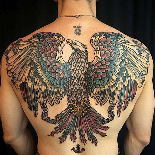 Wings tattoo on back with detailed eagle wings and nautical elements, in the style of Sailor Jerry