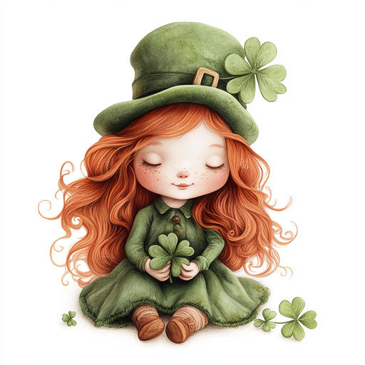 St. Patrick's Day, baby girl with red hair and leprechaun hat holding shamrocks