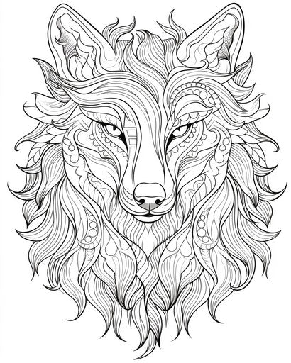 Coloring page of a wolf with feathers, flowing forms, light/dark contrasts, organic shapes, expansive