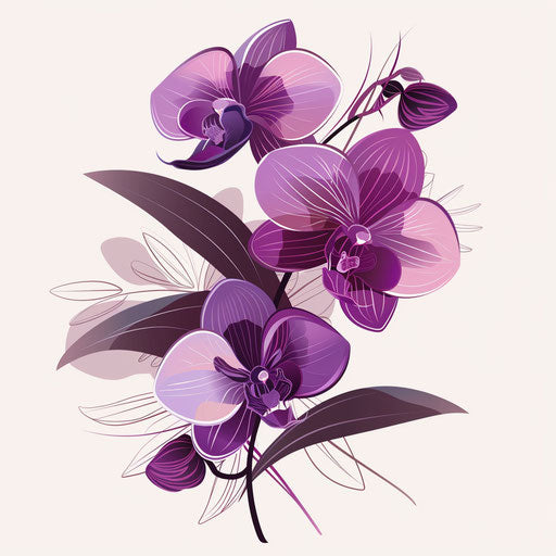 Flat illustration of a Japanese orchid tattoo in subtle purple tones on white
