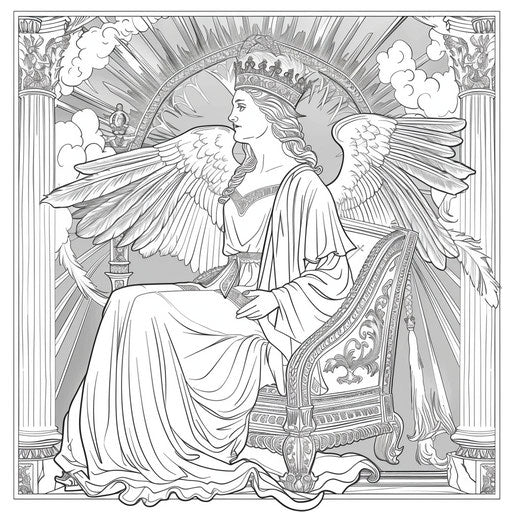 A majestic angel with a crown, seated on a celestial throne