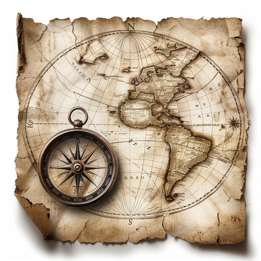 Vintage map with compass and parchment, space for script