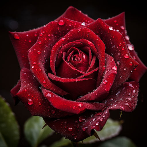 Red rose with water drops, dark and intricate
