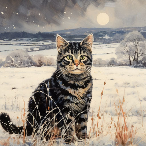 Manx cat in field during snowfall