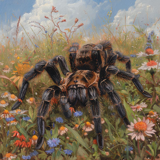 Tarantula in a serene meadow with wildflowers and tall grass
