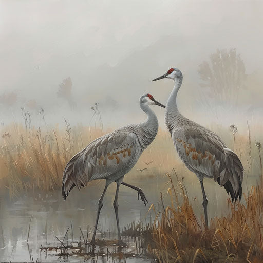 Sandhill cranes in a foggy morning wetland