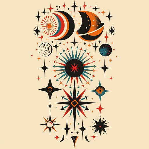 Elegant flat tattoo sketch of a celestial motif inspired by Grimes, vibrant stars and moons, clipart style