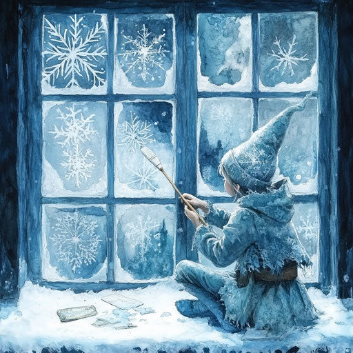 Winter window adorned with frost patterns by an elf