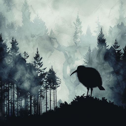 Kiwi bird silhouette against misty forest background