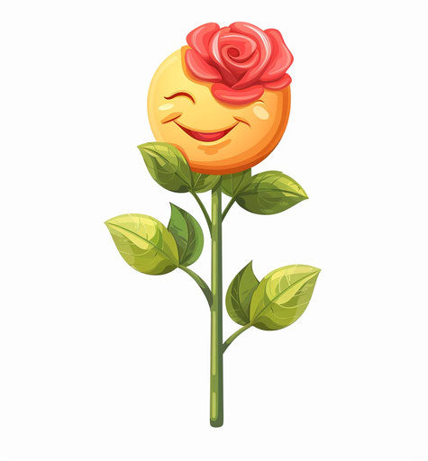 Vector emoji with smiley face holding rose flower on white