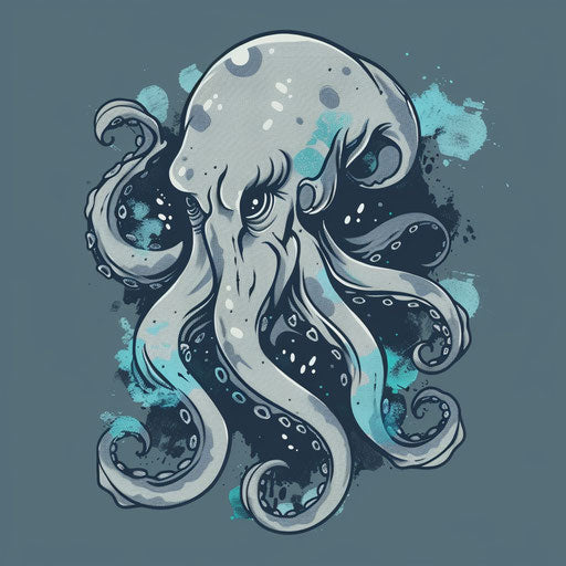 Minimalist sketch of kraken under the sea, cool blue tones, clipart style