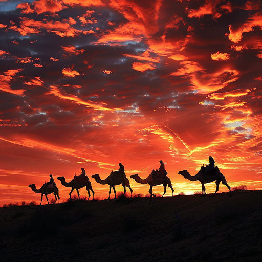 Camel caravan at sunrise in the desert