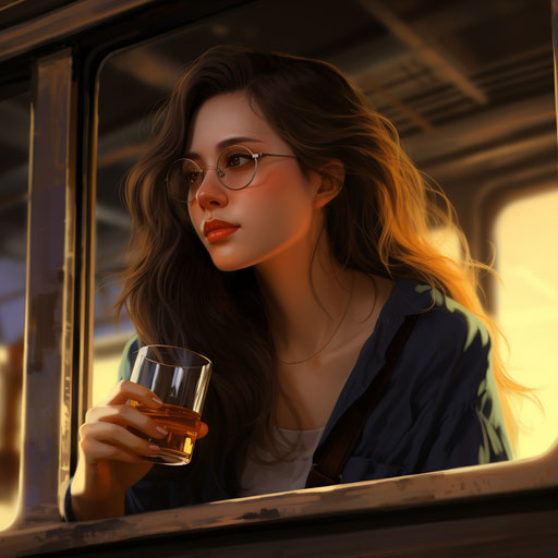 Girl in glasses drinking on train in animated GIF style