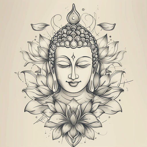 Flat tattoo sketch for a Sak Yant with serene Buddha face and lotus flowers