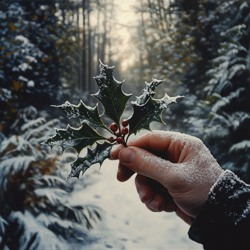 Holly sprig in a winter forest