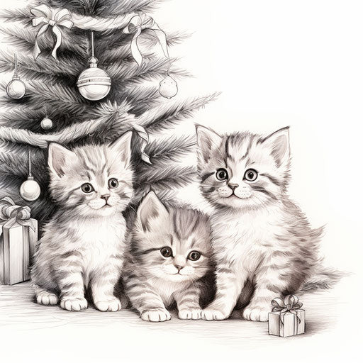 Playful kittens with Christmas tree coloring pages