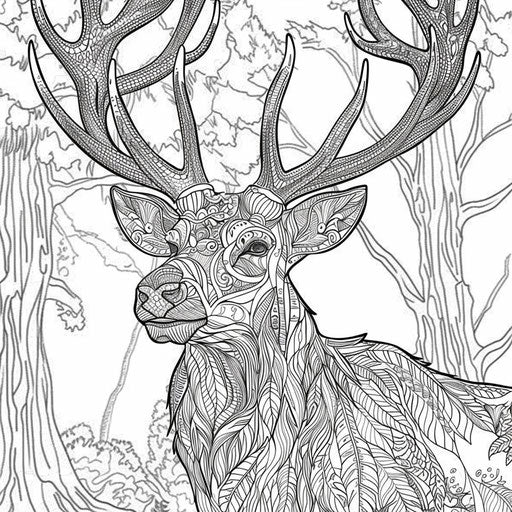 Detailed illustration of a majestic stag with intricate antlers and a forest background