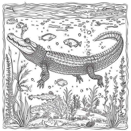 Crocodile swimming with fish and aquatic plants