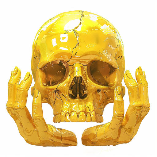 Yellow skull with hands and feet on white background, meme art