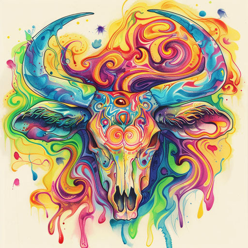 Psychedelic tattoo sketch of a cow skull with swirling tie-dye patterns and electric bright colors