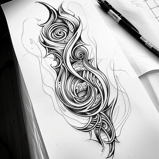 Dynamic flat tattoo sketch of a neo tribal sleeve with bold, swirling motifs