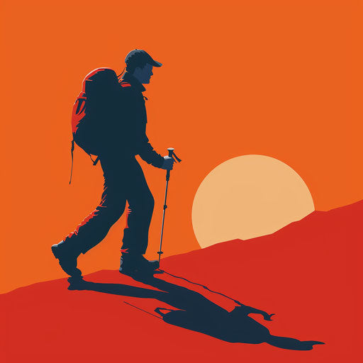 Realistic hiking illustration on sunset orange background