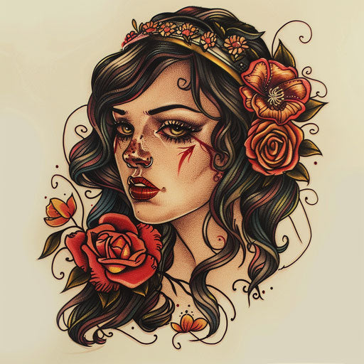 Neo-traditional tattoo sketch of Aphrodite with bold outlines