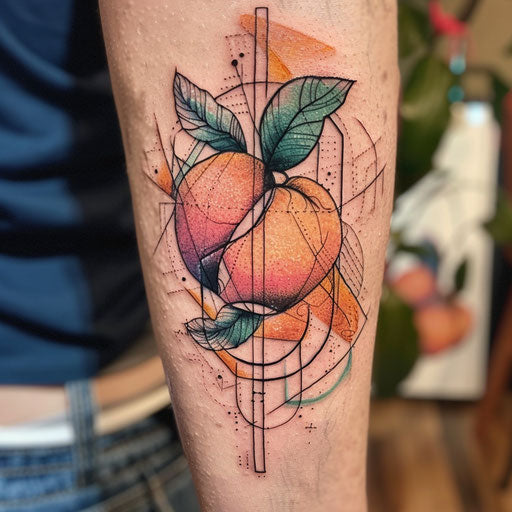 Modern flat tattoo sketch of a peach with geometric shapes and bright primary colors