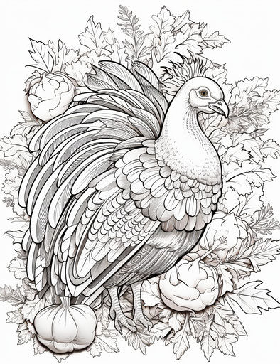 Ornate turkey coloring page, M. Disher style, soft-edged