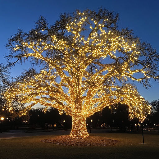 Majestic oak tree in park lit up
