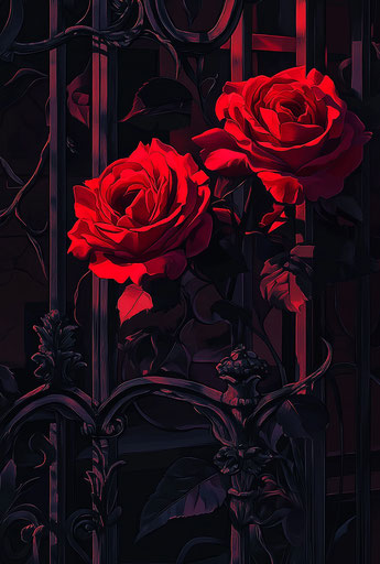 Red roses on black background, gothic style, digital art