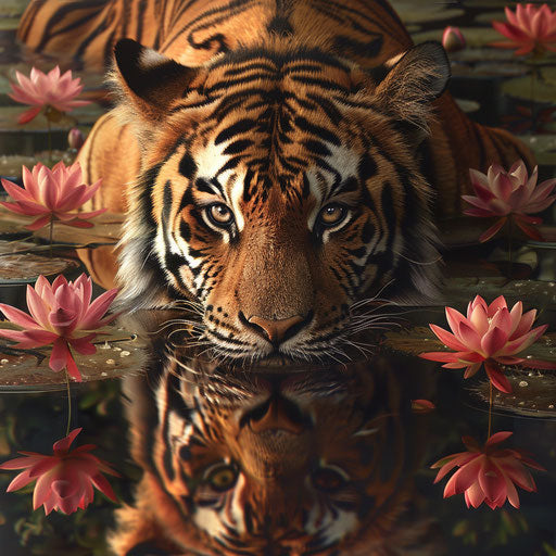 Reflection of a tiger in a crystal-clear pond surrounded by blooming lotuses, capturing a moment of tranquility