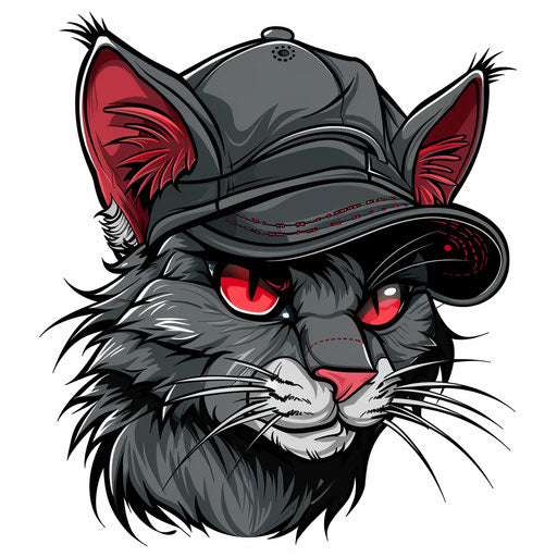 Whimsical flat tattoo sketch of a cartoon Russian mafia cat with a cap, bright greys and reds, clipart design